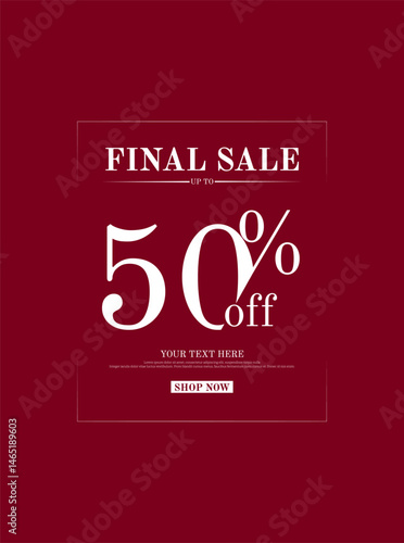 Premium 50% off discount final sale banner vector with red background and white text. Perfect for final sale, flash sale, special offer, e-commerce, elegant promotions, or premium discount ads.