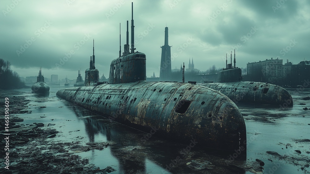 Fototapeta premium Abandoned Submarines on a Muddy Shore