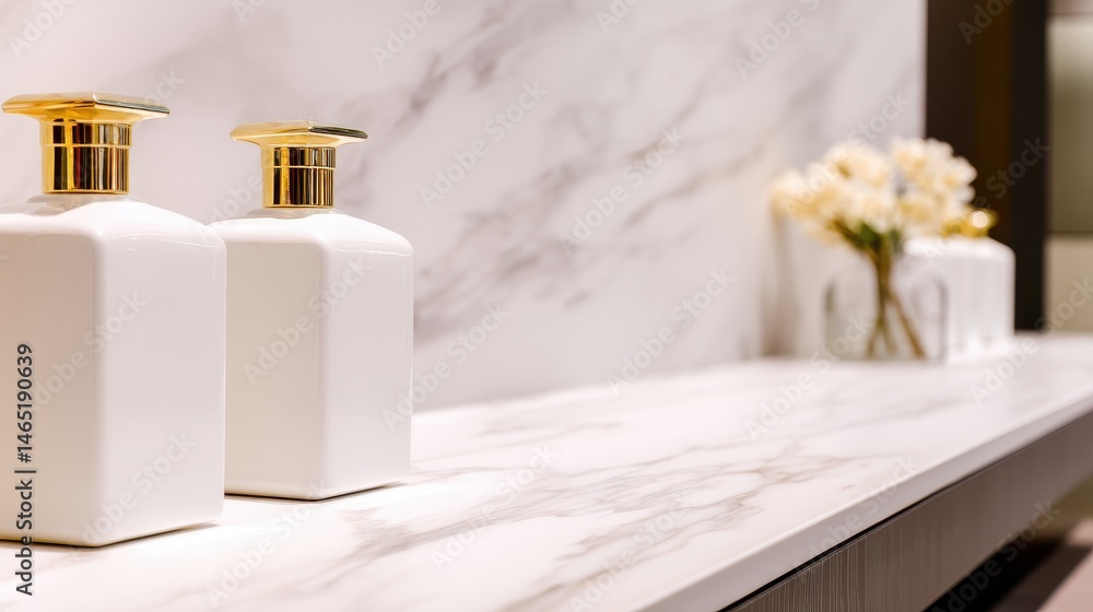 Elegant bathroom scene featuring white lotion bottles on marble countertop with flowers Elegant bathroom scene featuring white lotion bottles on marble countertop with flowers