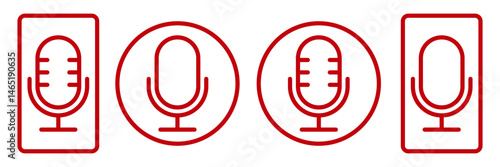 Red Microphone Icons Set. Editable Stroke. Voice Recording Symbols in Line Style for Audio, Podcast, Music, Speech, Broadcasting Design. Vector Outline Mic in Circle and Square Frames for App and UI.