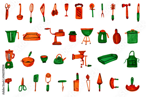 Hand-drawn collection of kitchen and gardening tools featuring culinary essentials and stylish utensils arranged in artistic and structured composition.