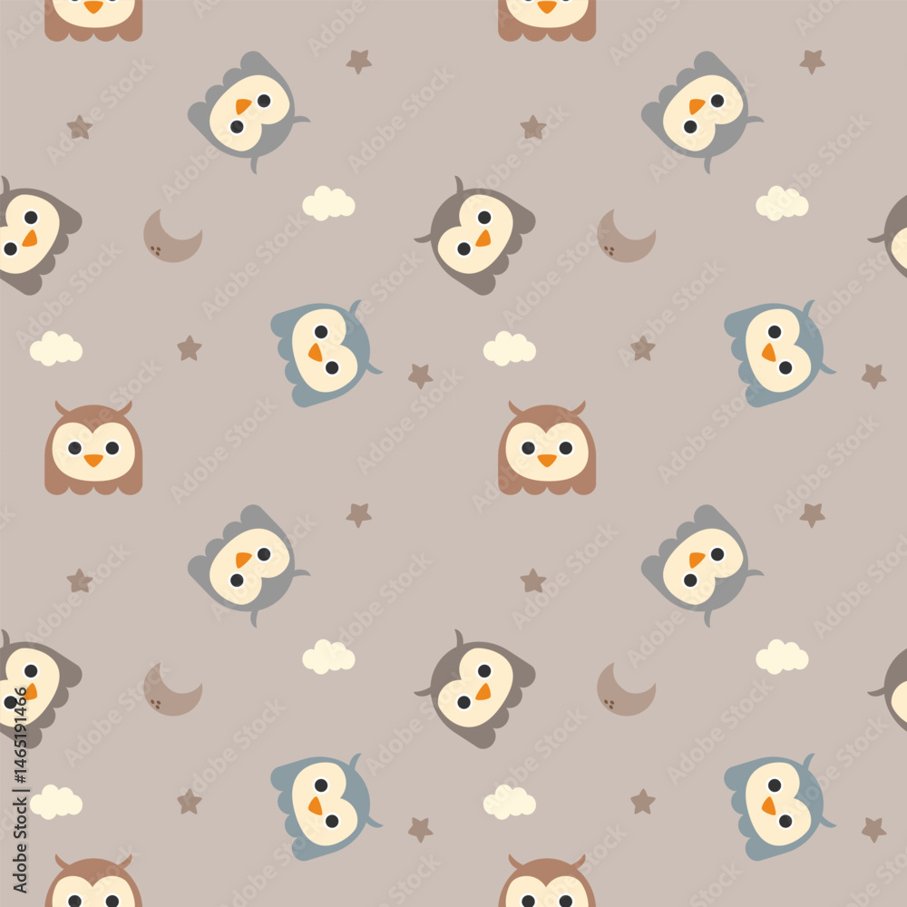 Fototapeta premium Face owl cartoon so cute. On star cloud moon background. Pattern seamless vector illustration. 
