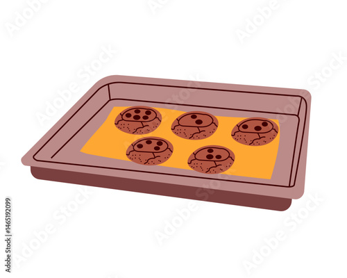 Tray of baked chocolate chip cookies. Home bakery. For banner, poster, infographic, social media, invitation