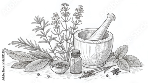 Botanical Illustration with Herbs and Mortar and Pestle, Natural Remedies, Herbal Medicine, Vintage Sketch, Organic Wellness.