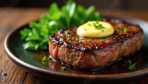 Seared steak, rich brown crust, melted herb butter , photography, herb