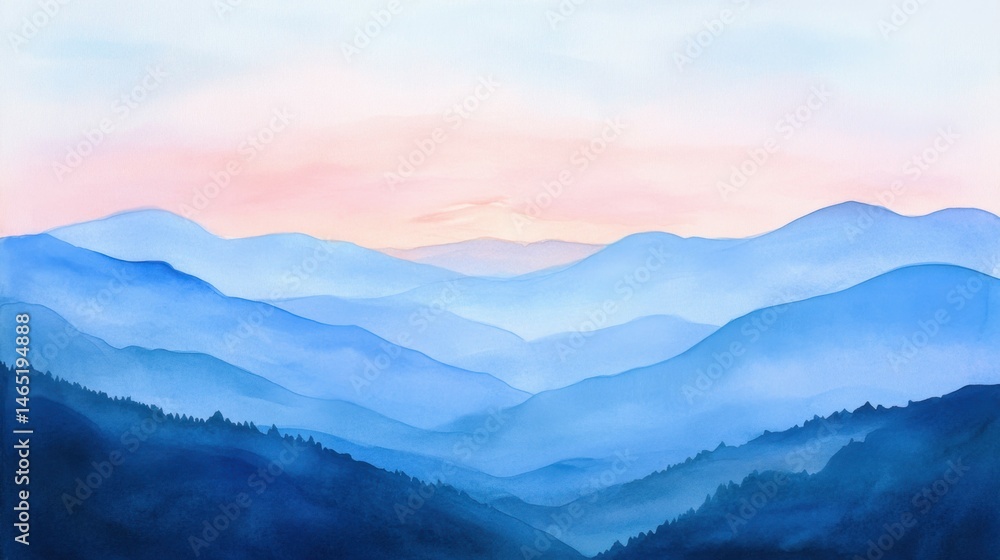 Fototapeta premium Serene watercolor mountains at sunrise: misty blue and pink landscape