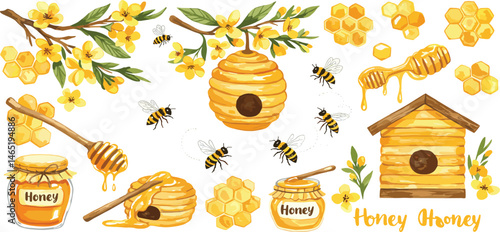 Watercolor honey set, beehive, honeycombs, honey and bees