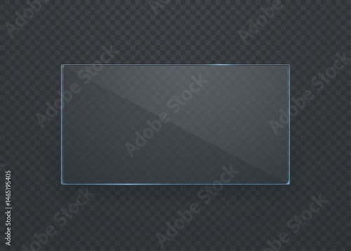 Realistic banner made of flat transparent glass. Glass or mirror on a dark background. Transparent glass showcase or window. Vector 3d illustration.