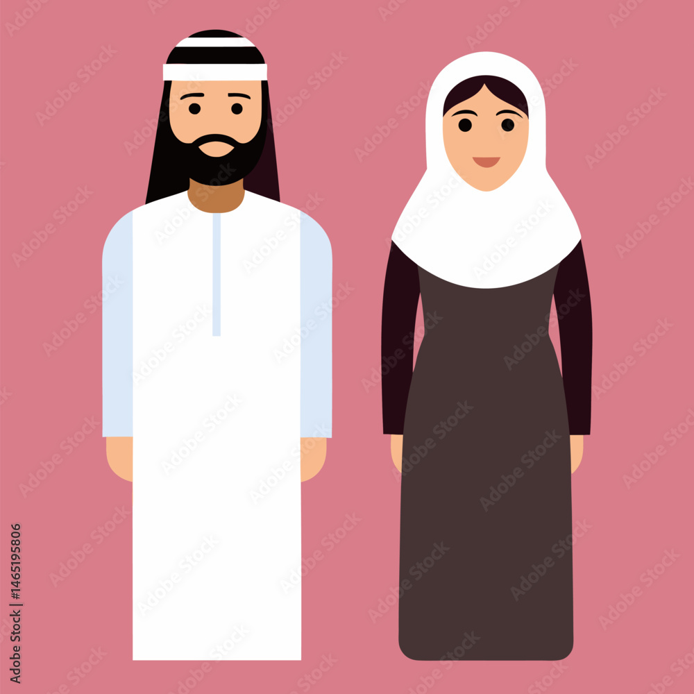 Obraz premium Arabian man and beautiful woman vector on colorful background.