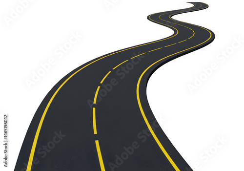 A winding black road with dashed yellow centerlines and white edge markings, symbolizing direction and journey, isolated on white or transparent background. PNG