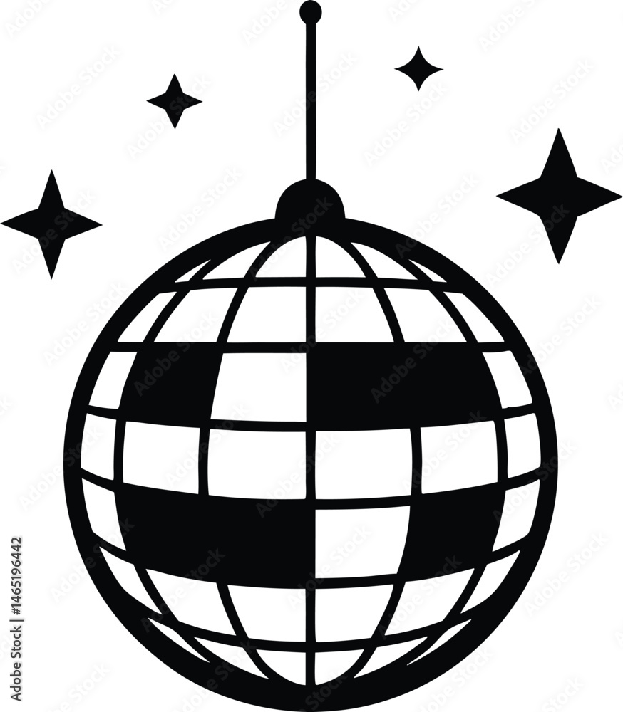 disco ball with stars silhouette vector illustration, disco ball icon disco ball with stars silhouette vector illustration, disco ball icon