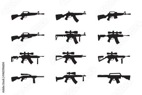 Assortment of Assault Rifle Silhouettes: A collection of twelve distinct assault rifle silhouettes, ranging from simple to intricate designs.