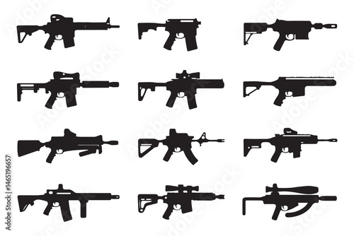 Array of Weapons: A series of tactical weaponry, meticulously illustrated in stark silhouette, offering a detailed view of modern and historic firearms.