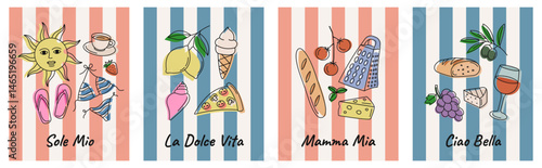 La dolce vita poster set. Vector illustration of hand-drawn Italian summer posters. Coastal food, wine, travel and lifestyle illustrations with mediterranean vibes.