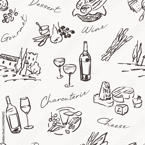 Wine wrapping paper design, charcuterie seamless pattern, line art hand drawn illustration