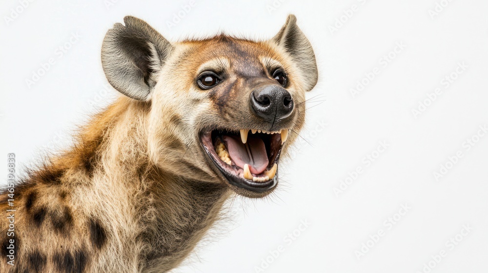 A hyena laughing with its mouth open, showcasing its unique vocalization, on a white background A hyena laughing with its mouth open, showcasing its unique vocalization, on a white background
