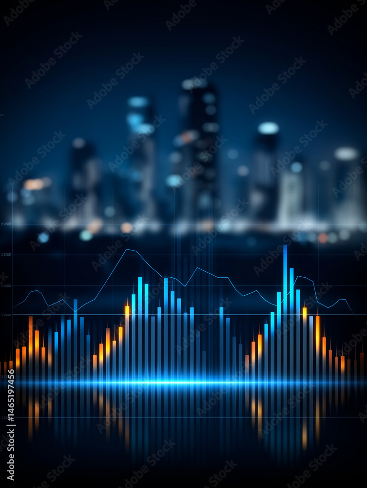 Financial Data Visualization: A captivating visual display showcasing financial data analysis with dynamic bar charts and an illuminated city skyline, the scene represents growth and data. Financial Data Visualization: A captivating visual display showcasing financial data analysis with dynamic bar charts and an illuminated city skyline, the scene represents growth and data.