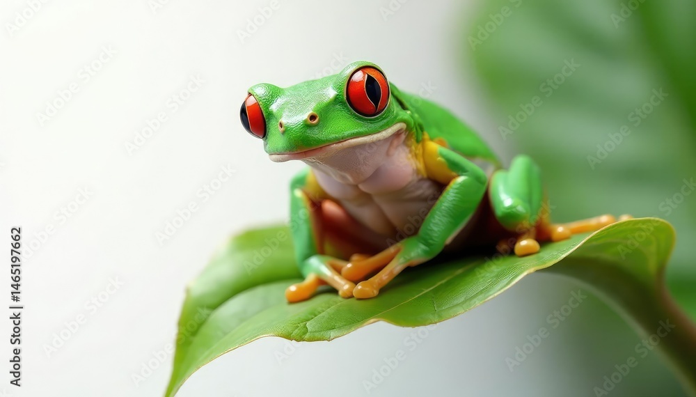 Obraz premium Green tree frog perched on white, vibrant skin, tropical, macro, wildlife
