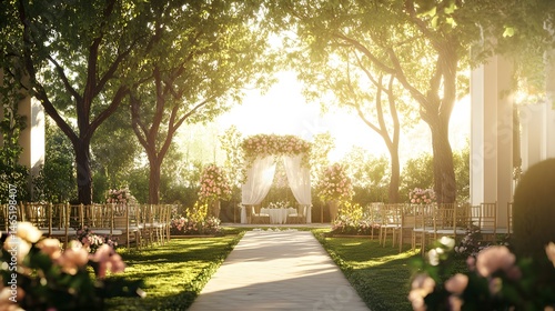A luxurious wedding venue in a blooming garden, sunlight filtering through trees