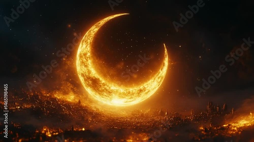 Fiery crescent moon over burning city.