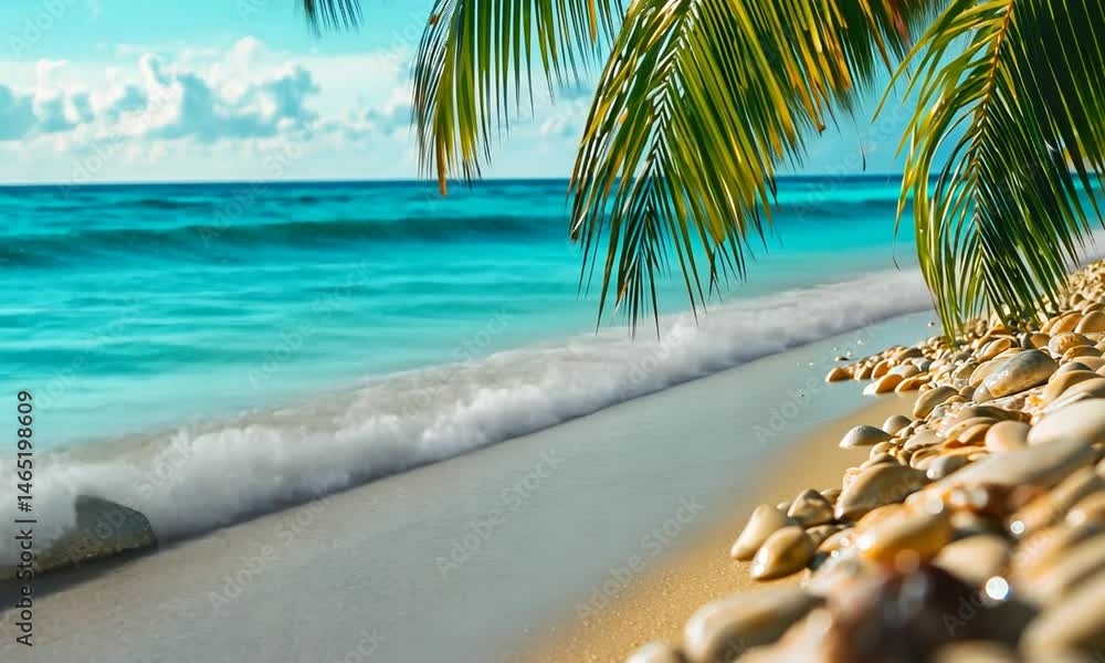 A serene beach scene showcasing gentle waves lapping at the shore, with smooth pebbles and lush palm leaves framing the tranquil ocean view under a bright sky