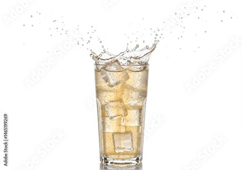 Effervescent Beverage Displaying Refreshing Splash with Ice Cubes on white
