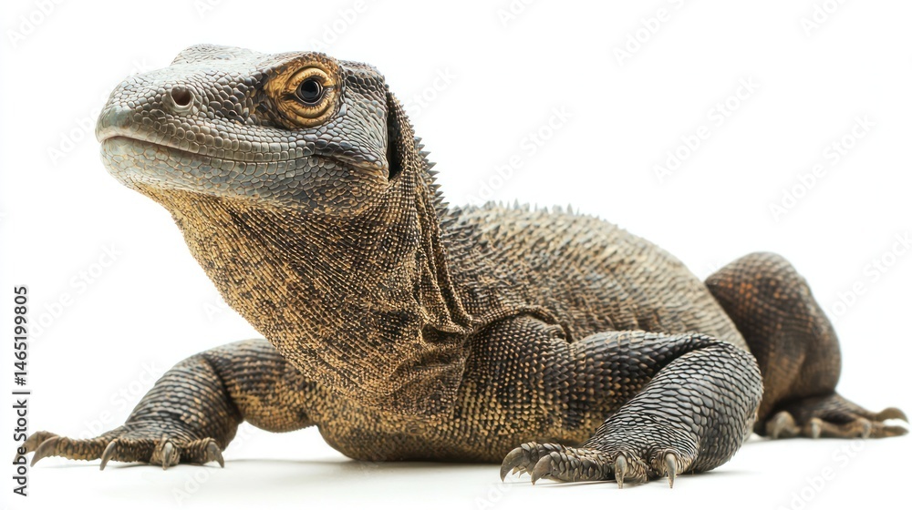 Obraz premium A komodo dragon basking in the sun, with its distinctive scales visible, on a white background