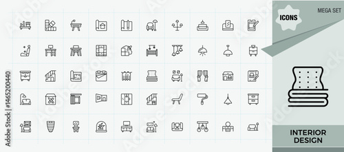 Interior Design modern icon set. Architect simple icon set. Web icons pack. Included decoration, home, architect, project, renovation and more. Pixel perfect. Vector illustration.