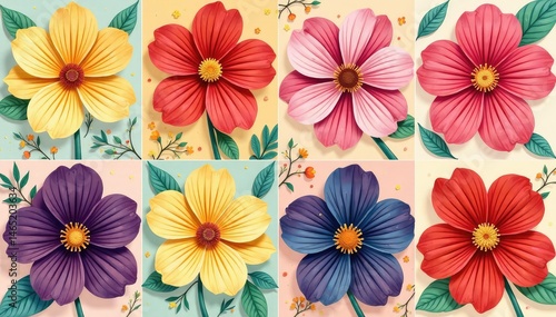 Bold stylized blossoms arranged in a square grid , contrast, graphic