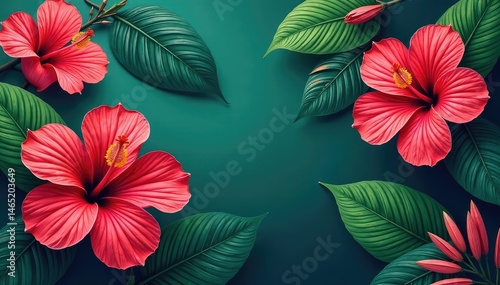 Bold tropical floral wallpaper, lush hibiscus and exotic leaves , wallpaper, tropical, floral