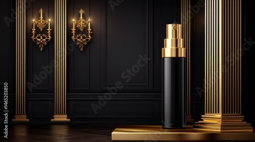 Elegant black and gold cosmetic bottle on a luxurious pedestal in a grand, opulent room