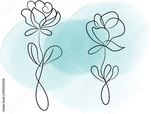 Elegant Minimalist Line Art Flowers on a Soft Blue Watercolor Background