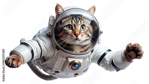 floated cat in astronaut suit isolated on white background