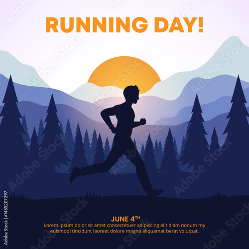 Global Running Day design with a silhouette of a running man and natural scenery