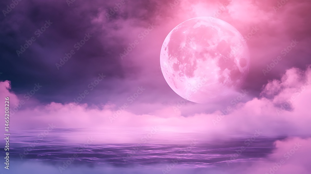 Fototapeta premium Dramatic full moon in a pink and purple cloudscape atmospheric night scene