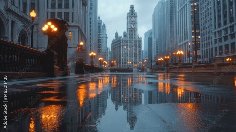 Obraz premium Urban cityscape reflections on a wet street at twilight.