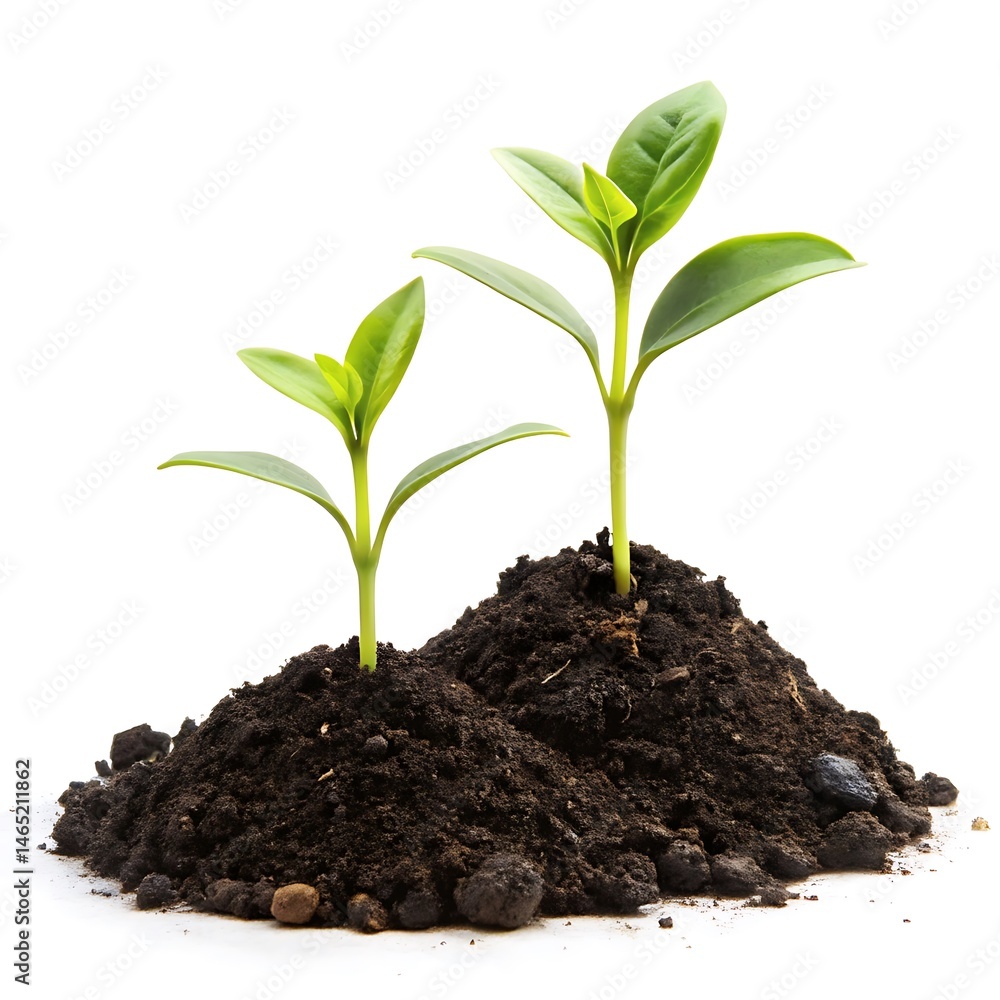 Two young plants sprout from mounds of dark soil against a stark isolated on white background Two young plants sprout from mounds of dark soil against a stark isolated on white background