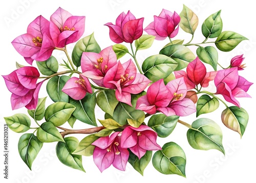 Watercolor depiction featuring vibrant pink bougainvillea flowers and lush green leaves arranged on delicate branches isolated on white background