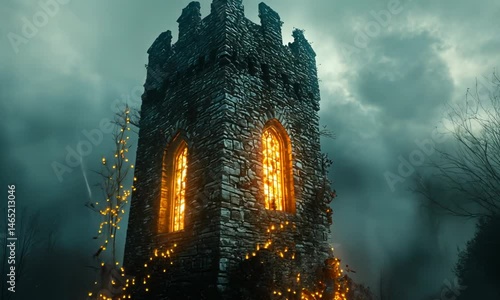 Fires illuminate ancient tower in a spooky forest.