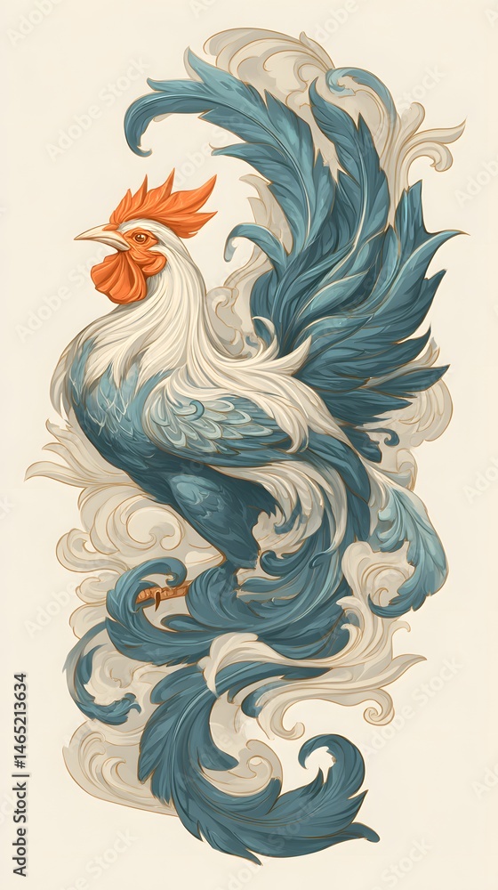 Obraz premium Majestic Rooster Illustration: A regal rooster stands proud with a majestic blue tail plumage and crimson crest, set against a soft vintage background.