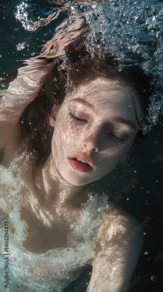 Fototapeta premium Woman floats in underwater ethereal scene with sunlight dancing on her skin, freckles, and lace dress, eyes closed.