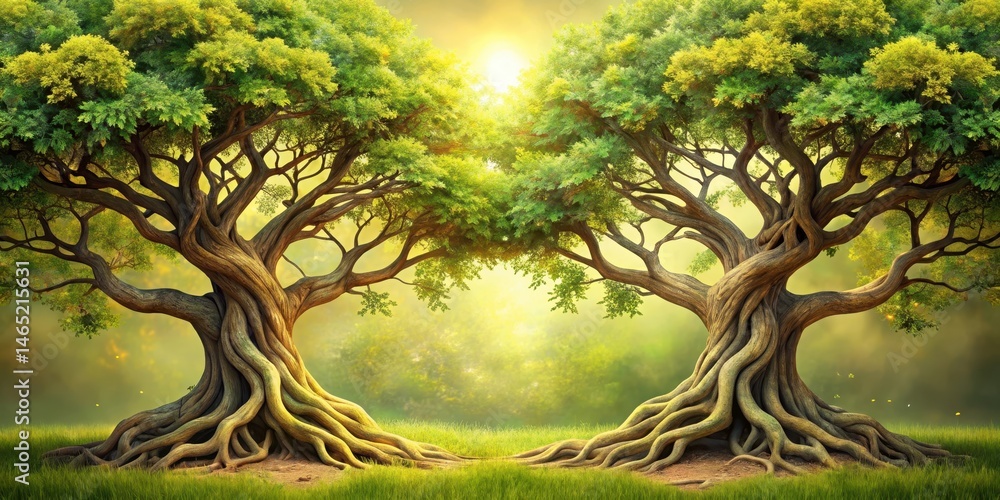 Fototapeta premium Two ancient trees with gnarled trunks and twisted branches intertwined, their foliage a mix of leaves and blossoms in shades of green and gold , natural beauty, branches