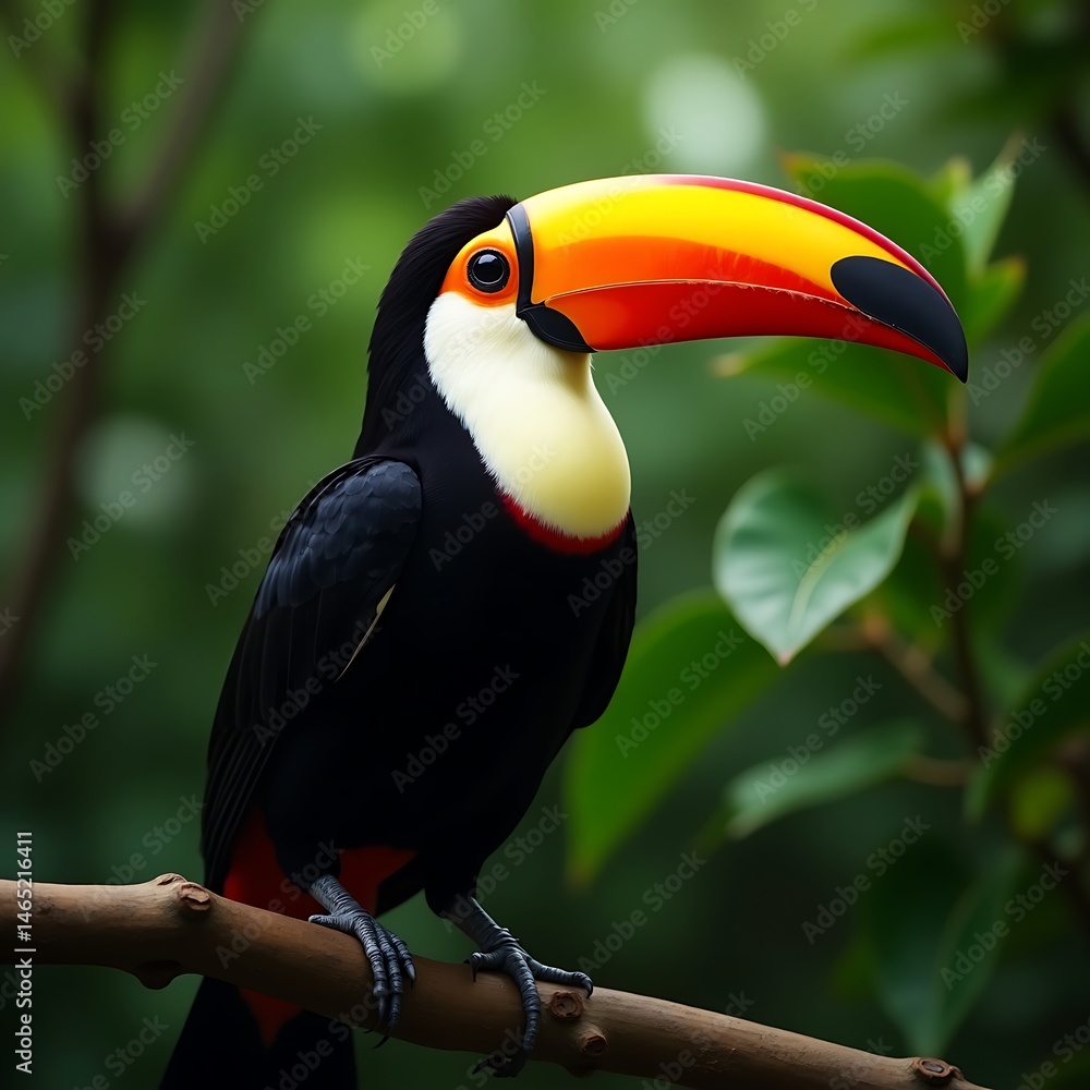 Fototapeta premium Vibrant toucan large orange beak black and white plum