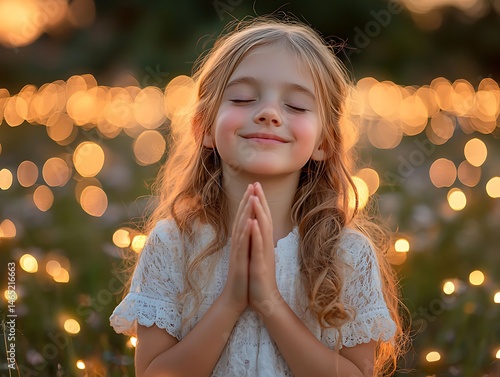 Serene girl praying amidst lights