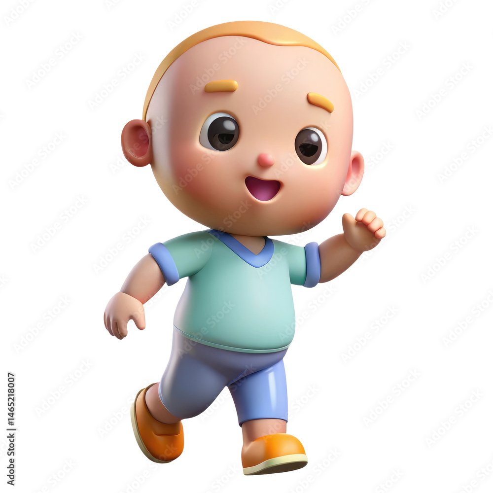 Adorable 3D Cartoon Baby – Cute Character Walking with Playful Expression Adorable 3D Cartoon Baby – Cute Character Walking with Playful Expression