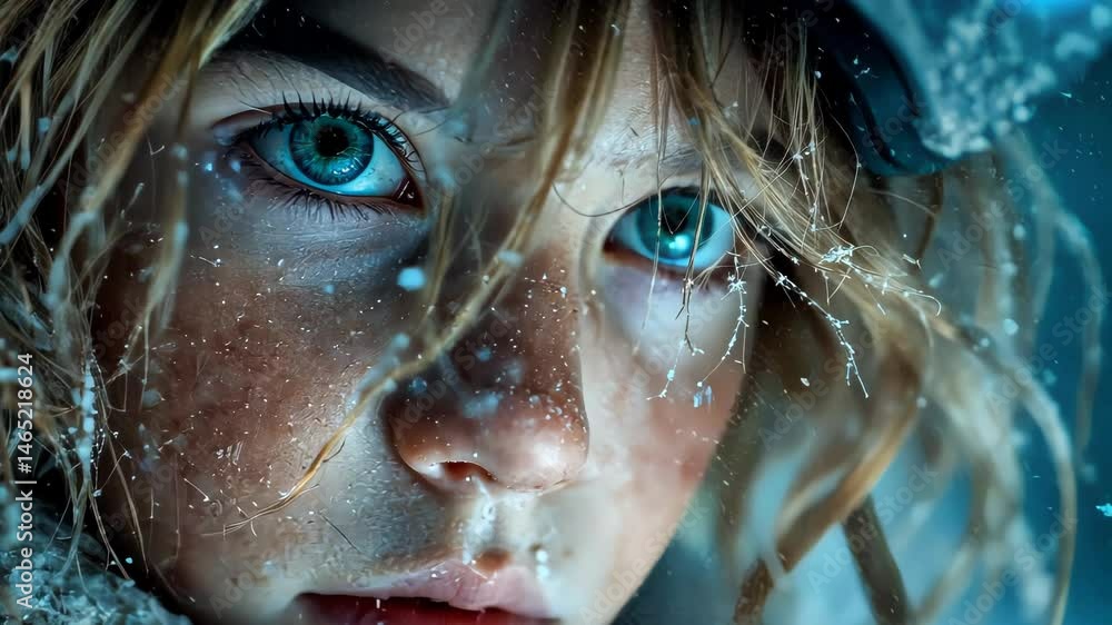 Close-up portrait of a child wearing a glowing headset, eyes wide with focus, surrounded by a frosty environment Close-up portrait of a child wearing a glowing headset, eyes wide with focus, surrounded by a frosty environment