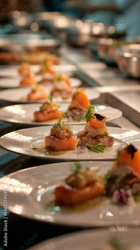 Close up view of multiple plates arranged in a row, each featuring a gourmet salmon dish with assorted garnishes. Warm lighting highlights the food's texture and color. Close up view of multiple plates arranged in a row, each featuring a gourmet salmon dish with assorted garnishes. Warm lighting highlights the food's texture and color.