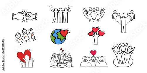 community icon set,Together doddle drawing set with little hearts,Hand drawn collection set,community icon set. 