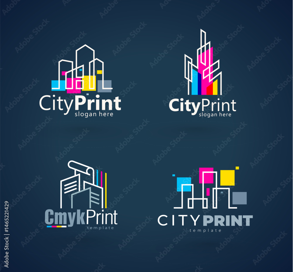 Obraz premium Set Logo City Print СMYK Printing Polygraphy theme. Silhouette Buildings lines style. Template design vector. Black background.