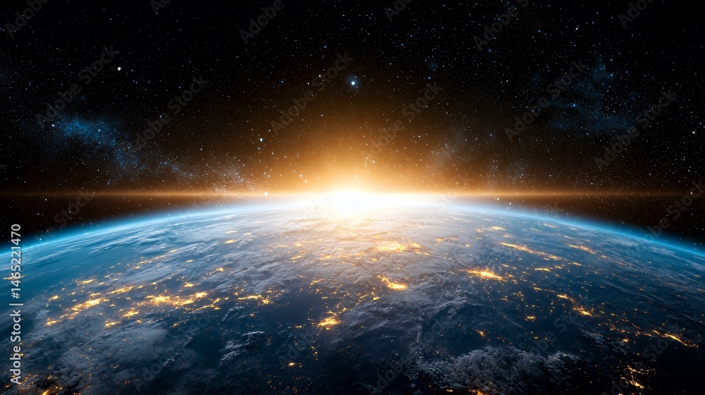 Earth Horizon View with Rising Sun and Sparkling Stars Earth Horizon View with Rising Sun and Sparkling Stars